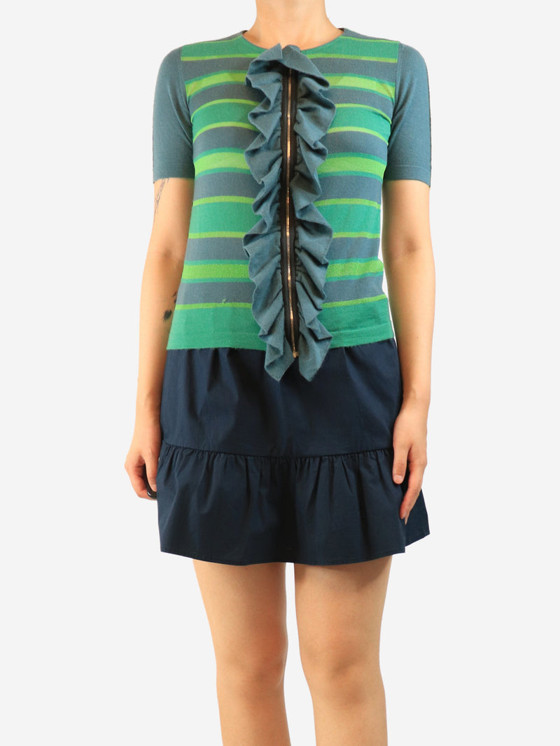 Green short-sleeved frill knit top - size S