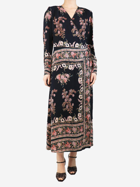 Black floral wrap midi dress - size UK 14 product image