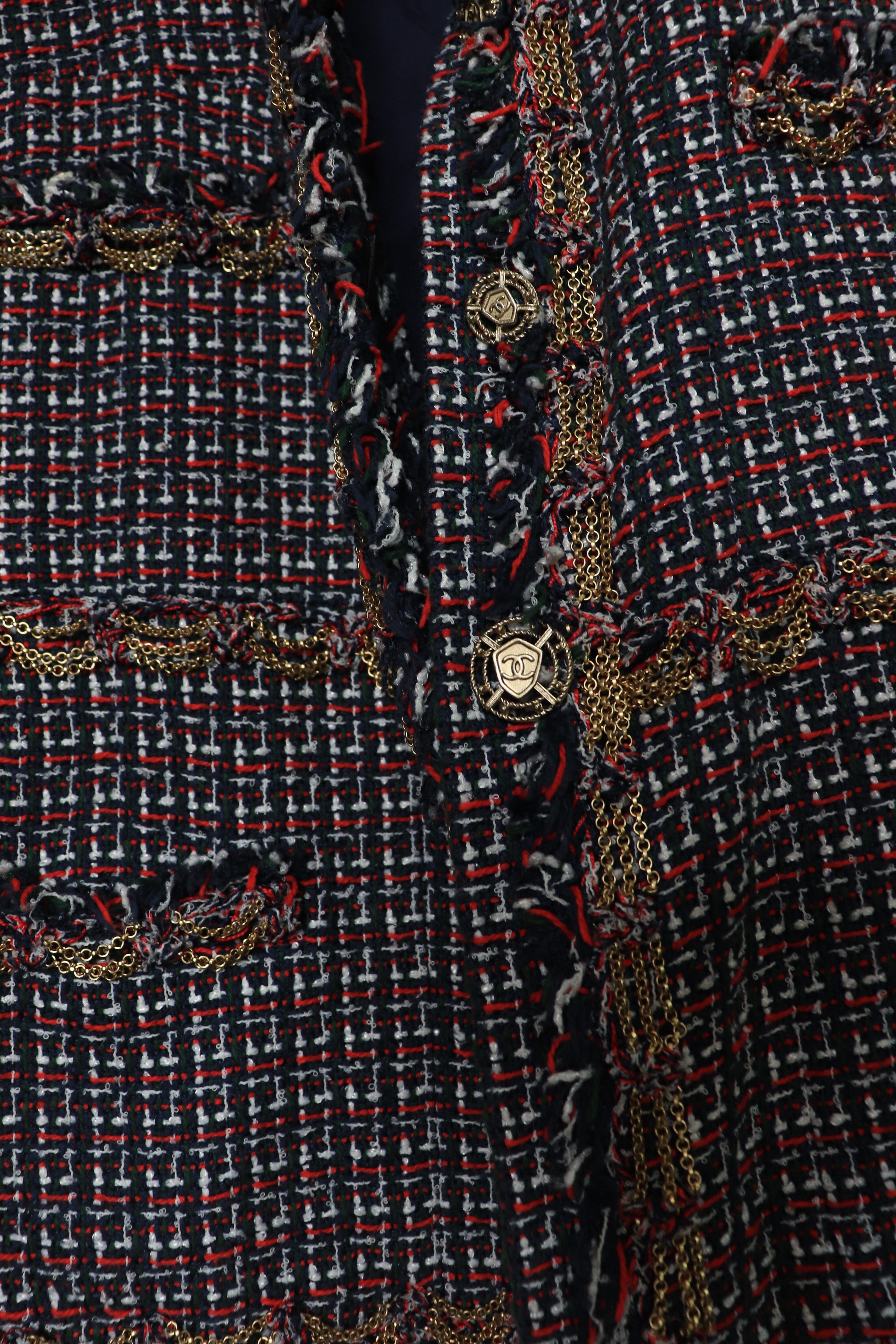 Navy and red tweed chain-trim jacket - size UK 10