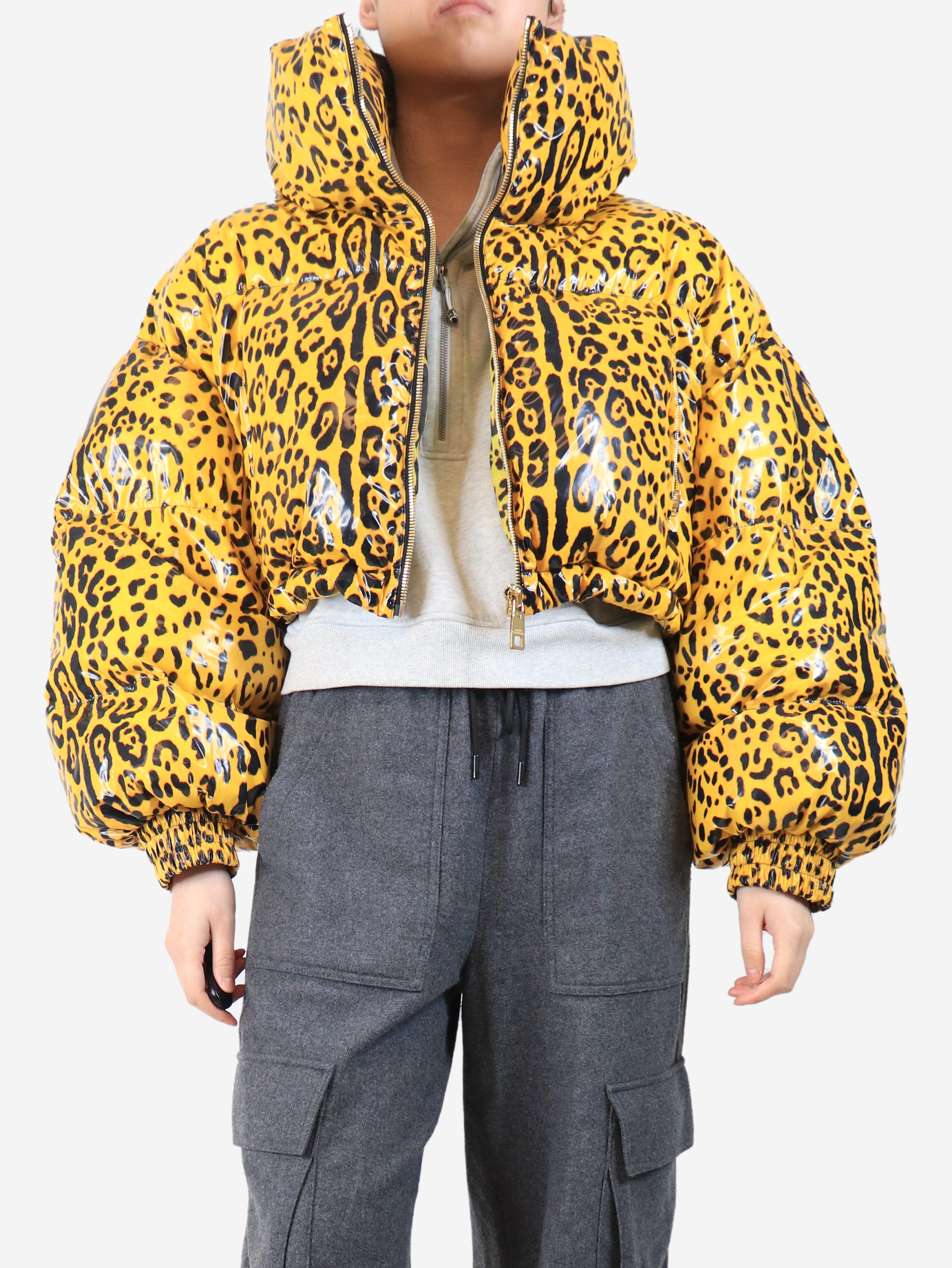 Yellow leopard print cropped puffer jacket - size S Coats & Jackets Dolce & Gabbana 