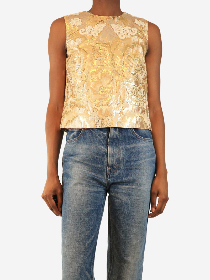 Gold sleeveless floral lurex top - size UK 6