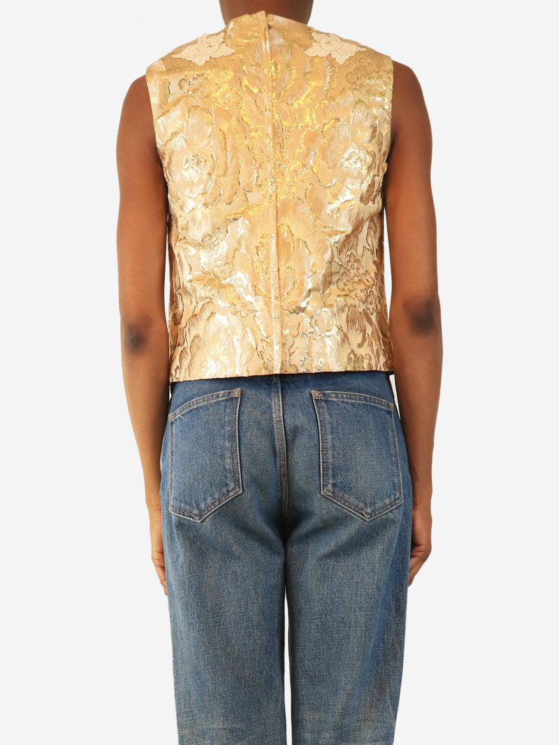 Gold sleeveless floral lurex top - size UK 6