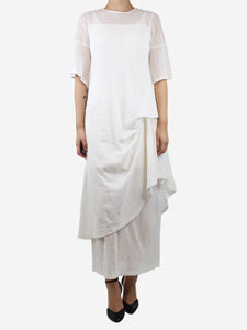 Morgane Le Fay Cream asymmetric gathered midi dress and sheer skirt set - size M