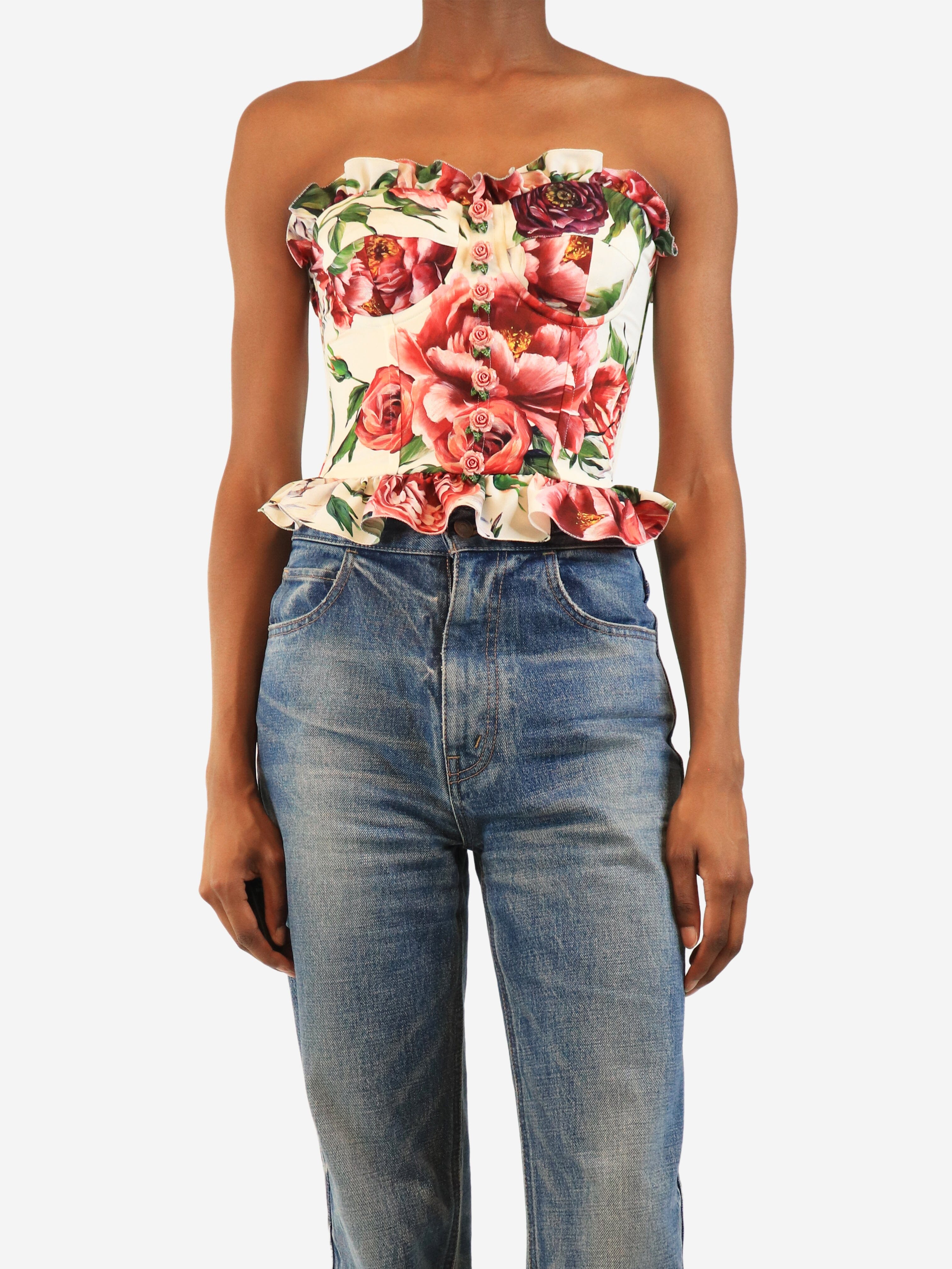 Cream and pink rose-print strapless bustier top - size UK 6 Tops Dolce & Gabbana 