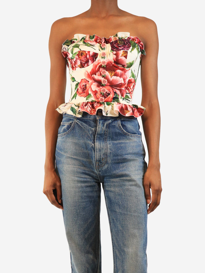 Cream and pink rose-print strapless bustier top - size UK 6 Tops Dolce & Gabbana 