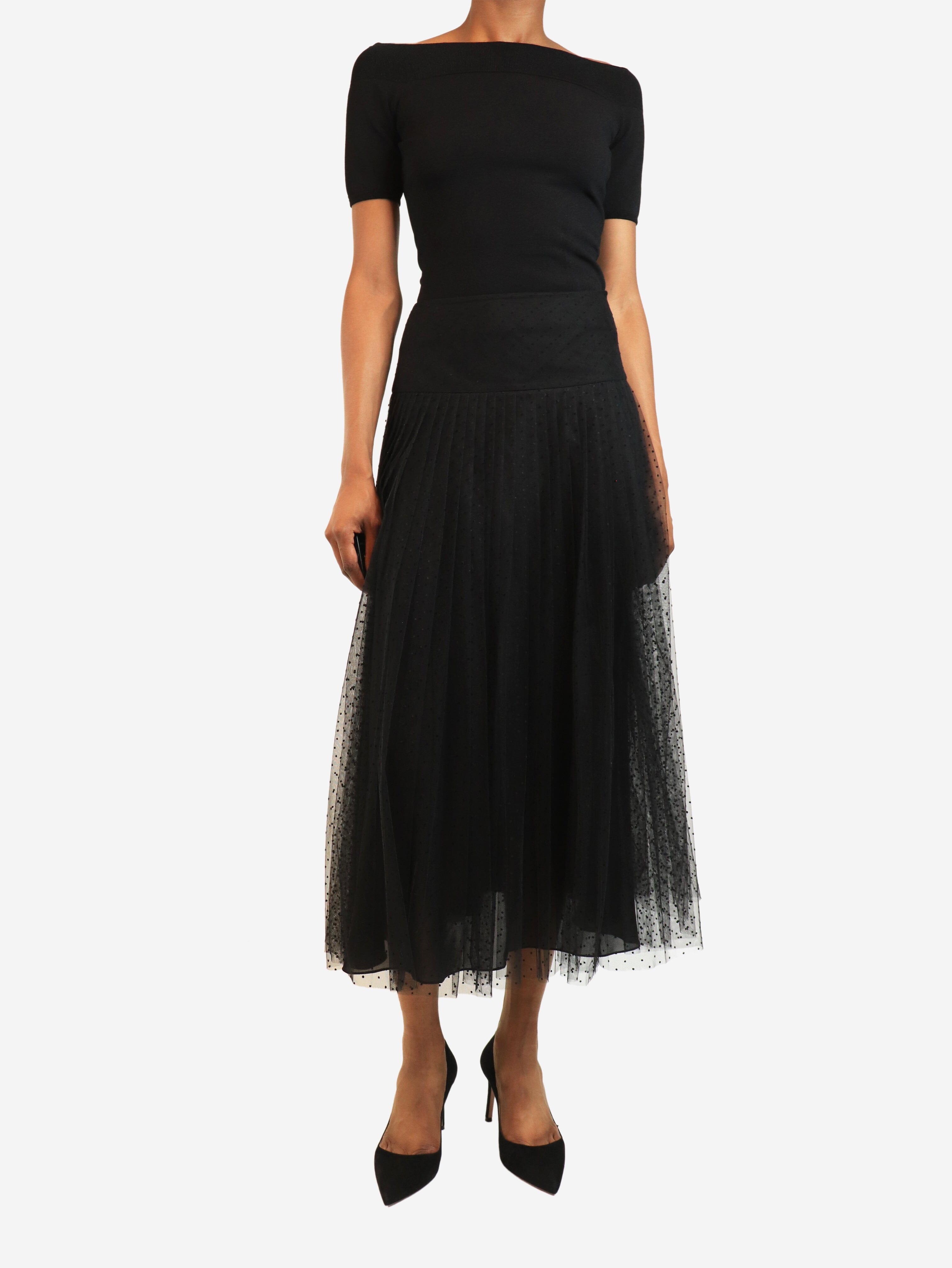 Black tulle polka-dot pleated midi skirt - size UK 8