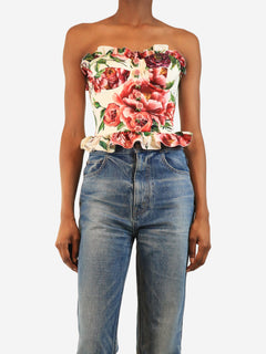 Cream and pink rose-print strapless bustier top - size UK 6 Tops Dolce & Gabbana 