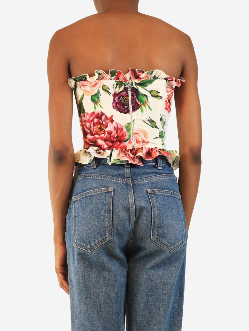 Cream and pink rose-print strapless bustier top - size UK 6 Tops Dolce & Gabbana 
