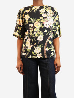Black short-sleeved floral crepe top - size UK 6