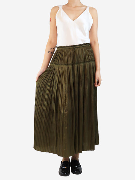 Khaki satin pleated midi skirt - size UK 10 alternate image