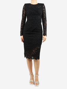 Dolce & Gabbana Black padded-shoulder gathered lace midi dress - size UK 10