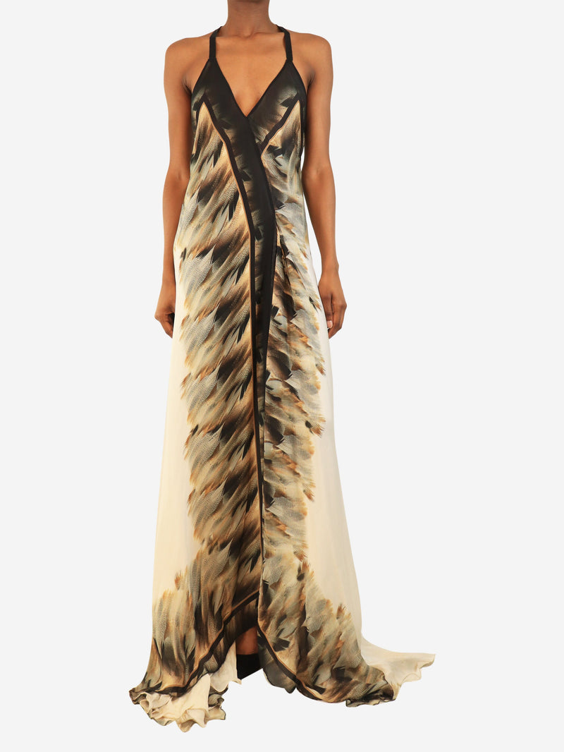 Neutral silk feather-print halterneck dress - size UK 8 Dresses Roberto Cavalli 