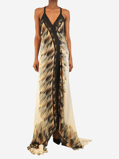 Neutral silk feather-print halterneck dress - size UK 8 Dresses Roberto Cavalli 