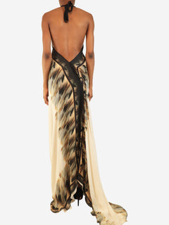 Neutral silk feather-print halterneck dress - size UK 8 Dresses Roberto Cavalli 