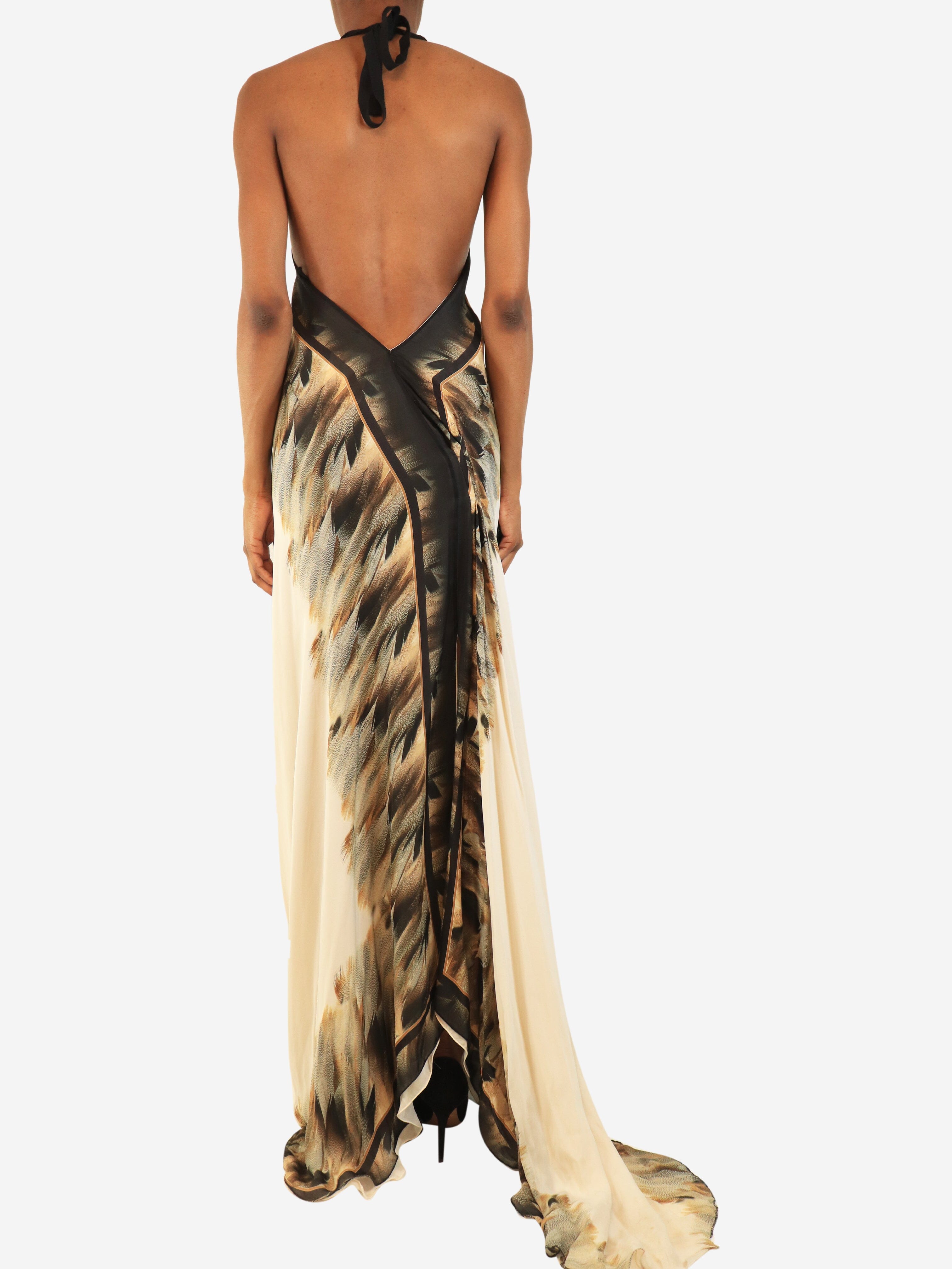 Neutral silk feather-print halterneck dress - size UK 8 Dresses Roberto Cavalli 