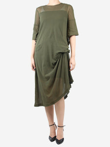 Morgane Le Fay Green asymmetric gathered mesh midi dress - size M