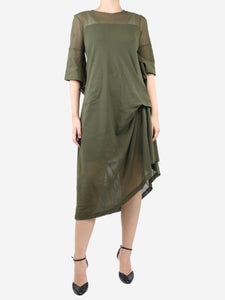 Morgane Le Fay Green asymmetric gathered mesh midi dress - size M