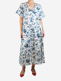 White and blue short-sleeved floral printed midi dress - size UK 10 Dresses Erdem 