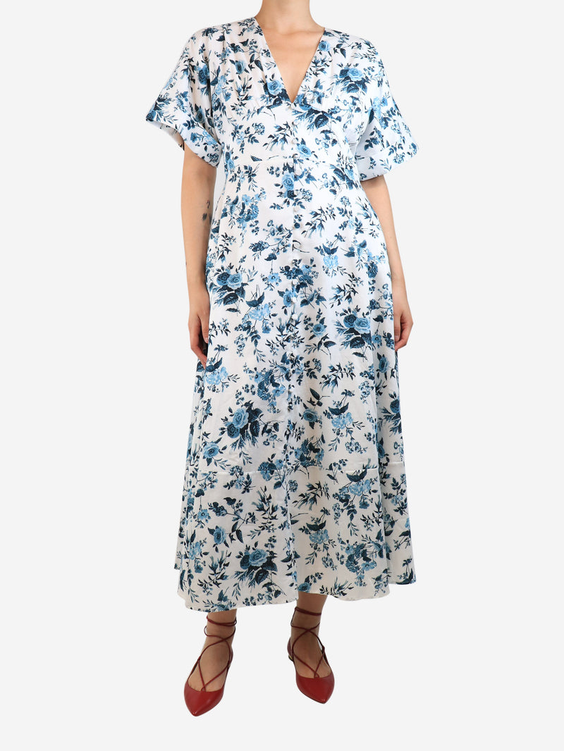 White and blue short-sleeved floral printed midi dress - size UK 10 Dresses Erdem 