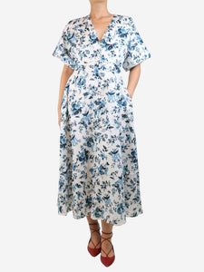 Erdem White and blue short-sleeved floral printed midi dress - size UK 10