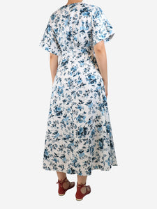 Erdem White and blue short-sleeved floral printed midi dress - size UK 10