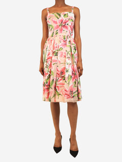 Pink lily-print A-line sundress - size UK 6