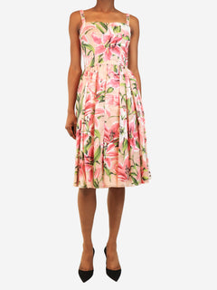 Pink lily-print A-line sundress - size UK 6