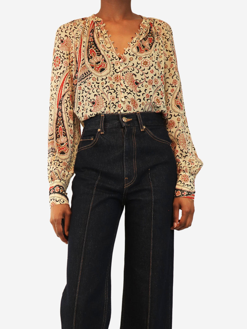 Cream silk chiffon paisley printed blouse - size UK 8