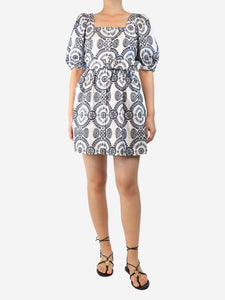 Borgo De Nor White and navy broderie anglaise mini dress - UK 12