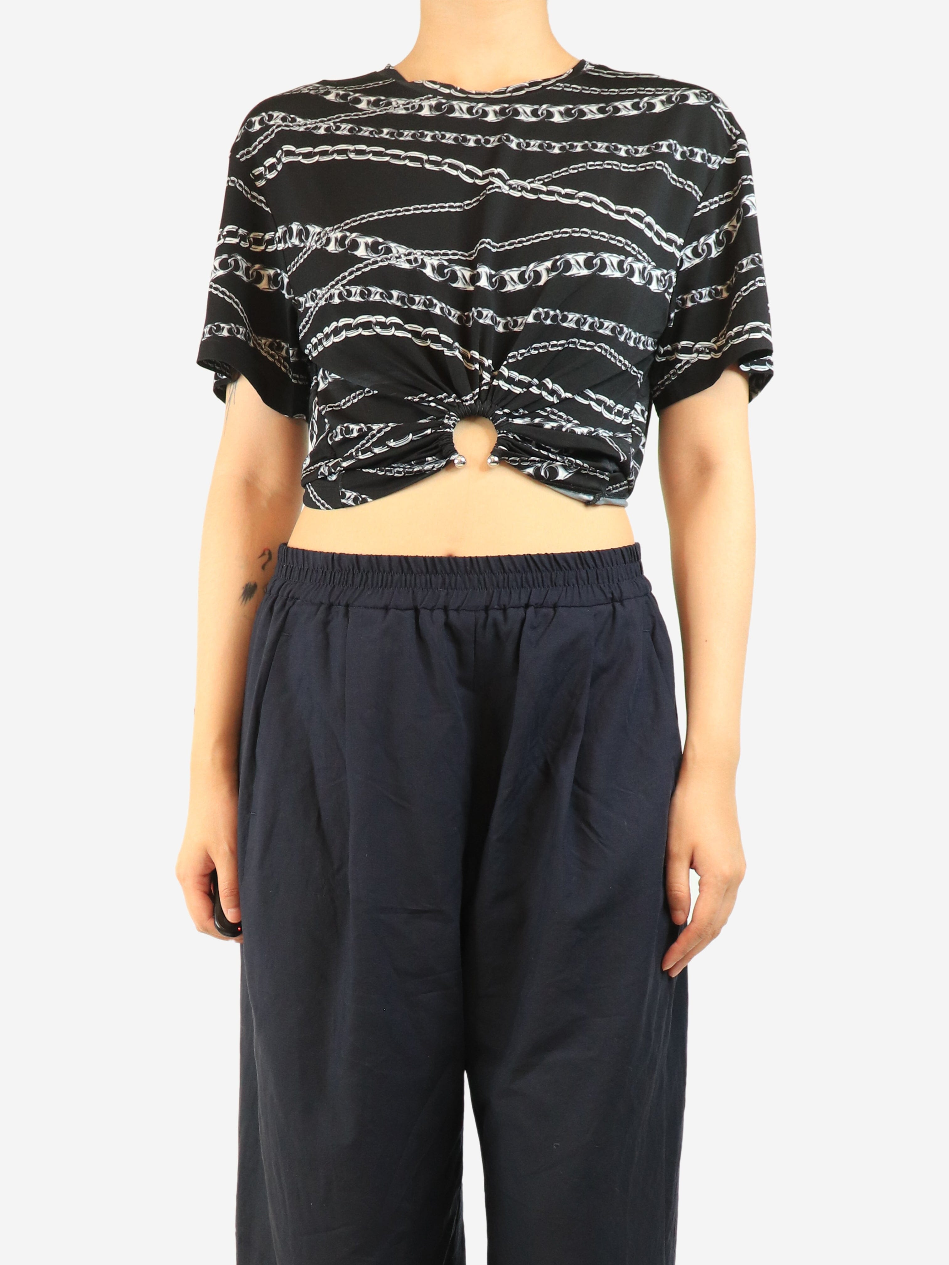 Black chain-print eyelet top - size UK 10