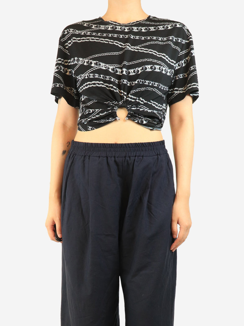 Black chain-print eyelet top - size UK 10