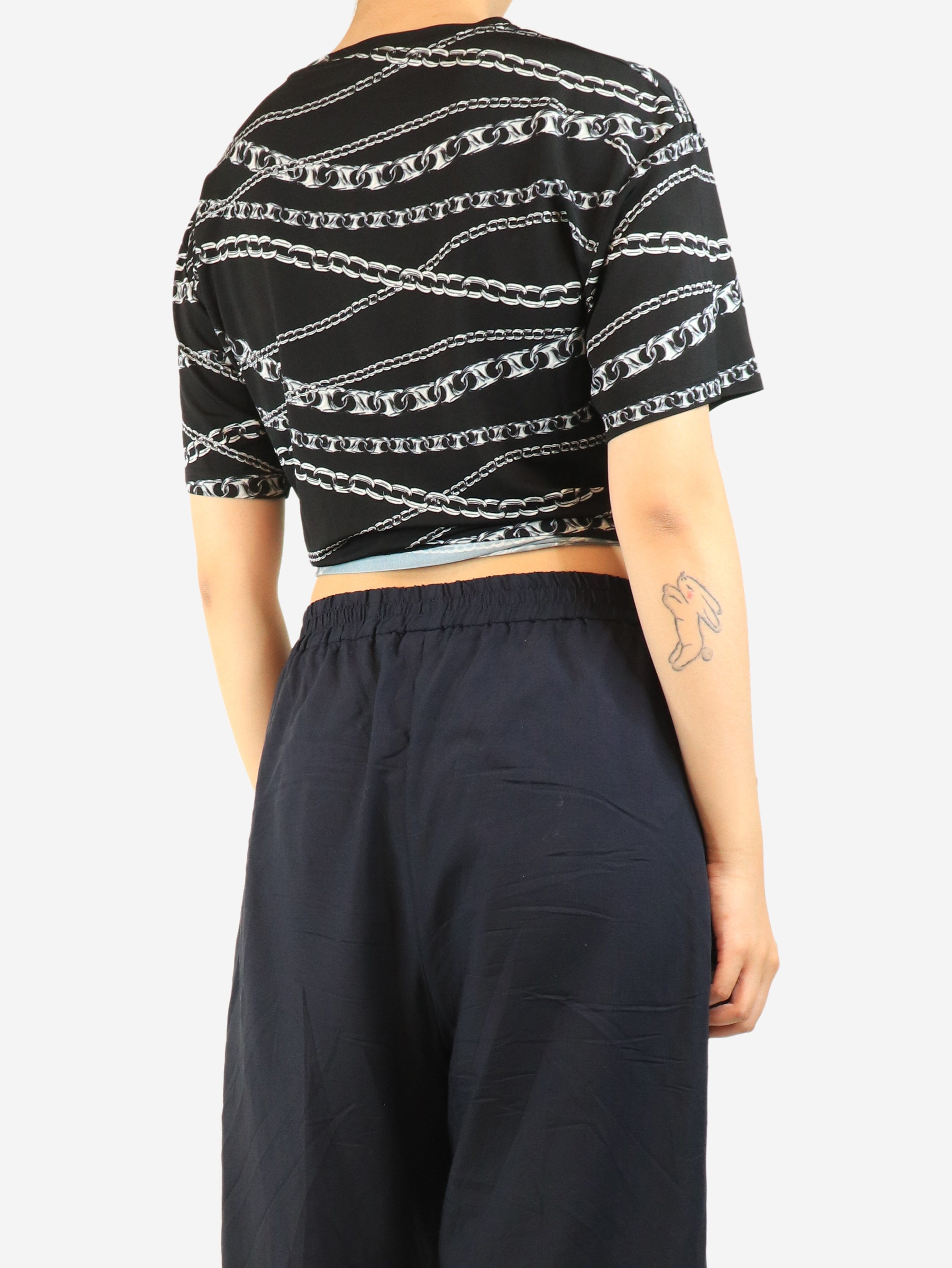 Black chain-print eyelet top - size UK 10