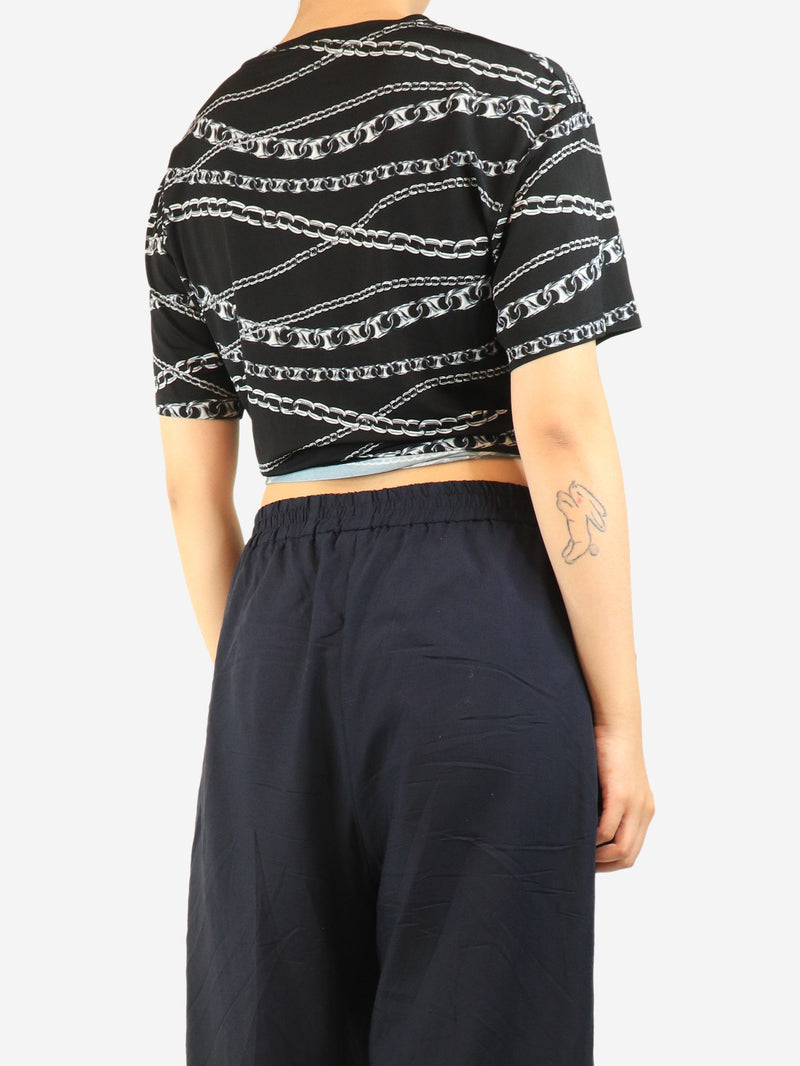 Black chain-print eyelet top - size UK 10