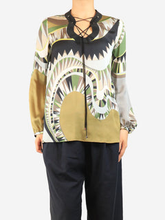 Green silk printed blouse - size UK 8