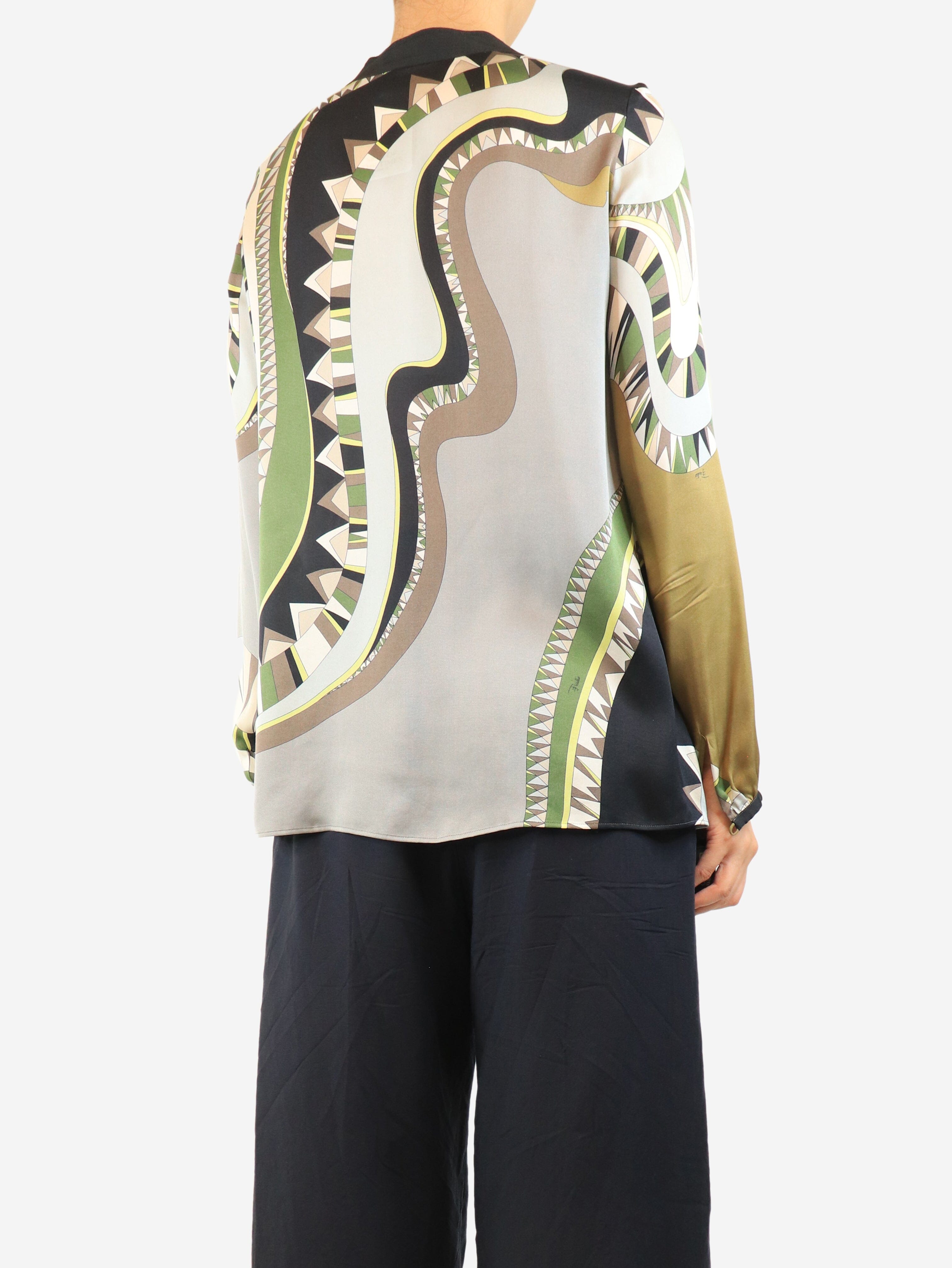 Green silk printed blouse - size UK 8