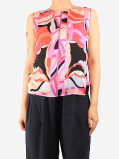 Purple silk sleeveless printed top - size UK 10
