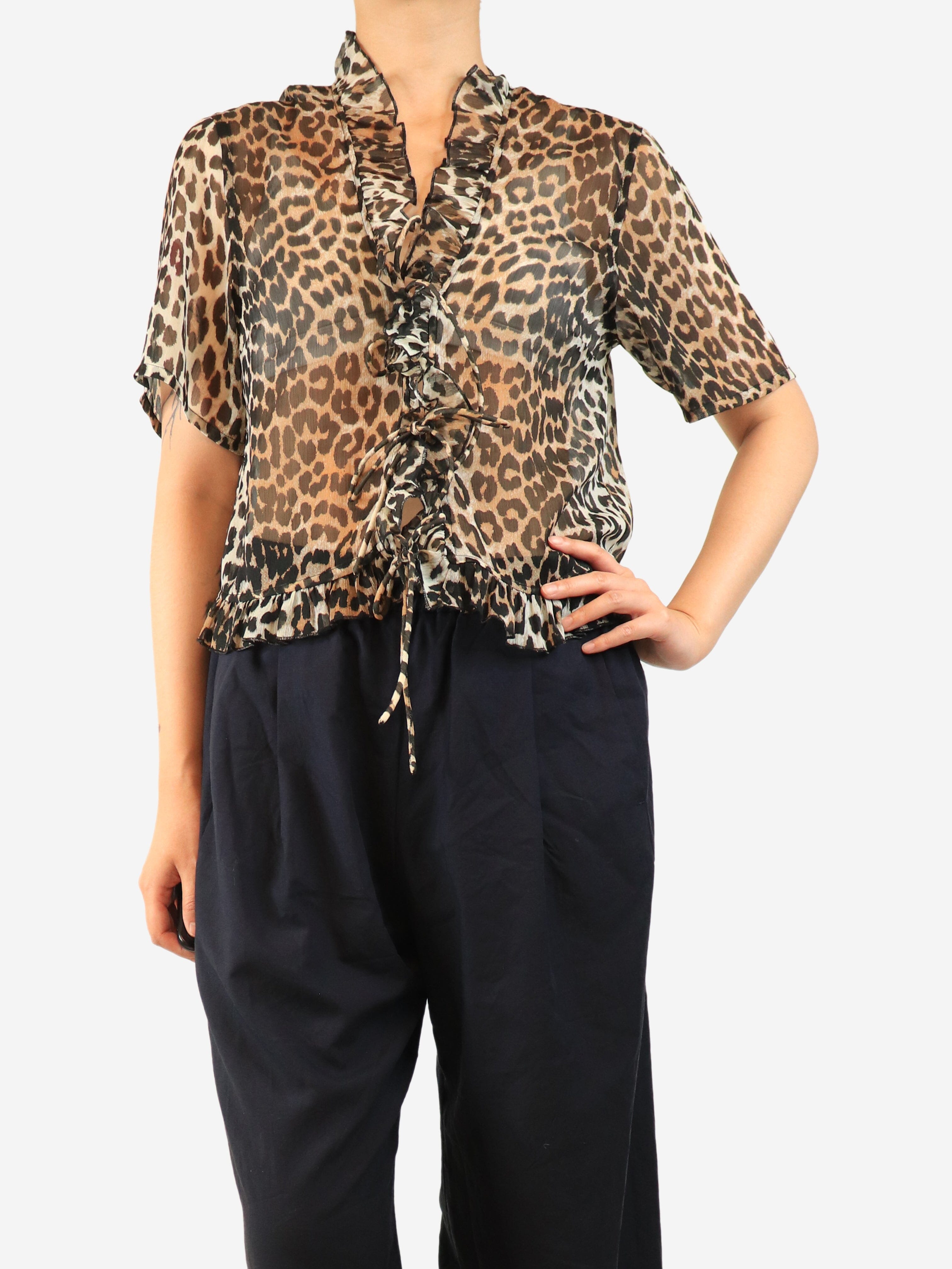 Brown sheer leopard print blouse - size UK 10 Tops Ganni 