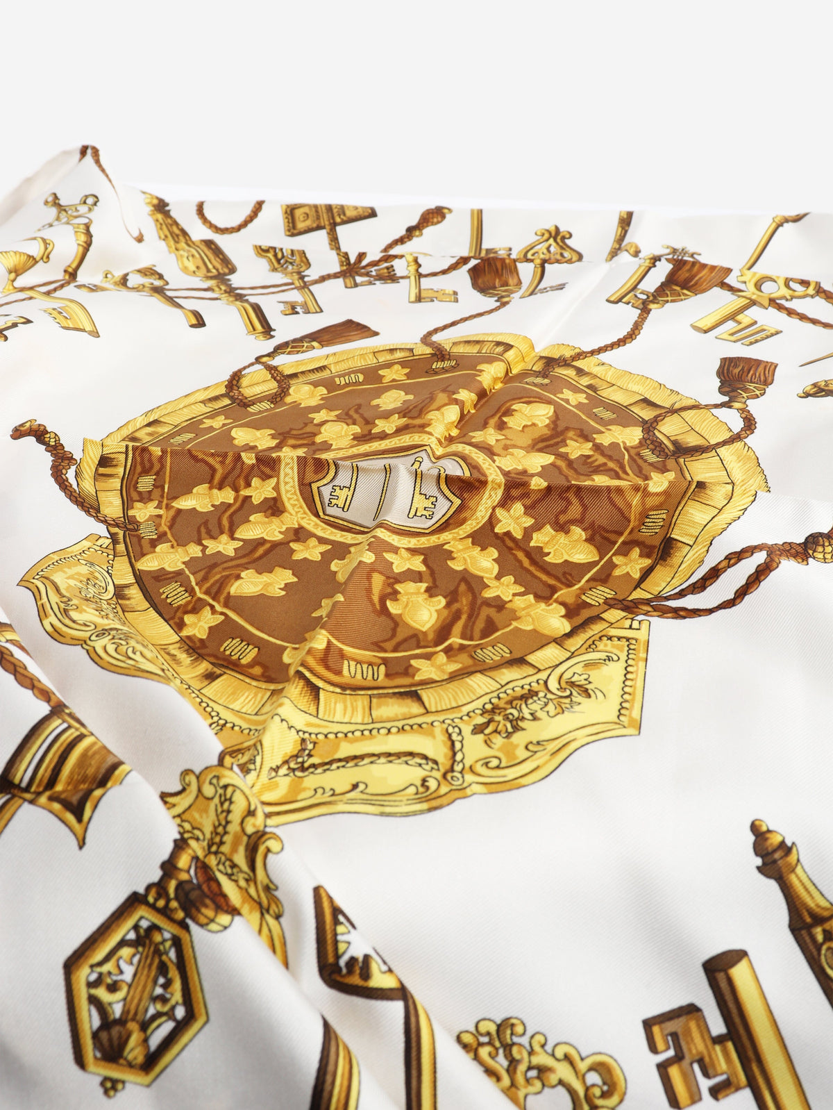 White and gold Carré 90 Les Cles Keys silk scarf Scarves Hermes 