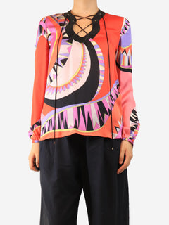 Pink silk printed blouse - size UK 8