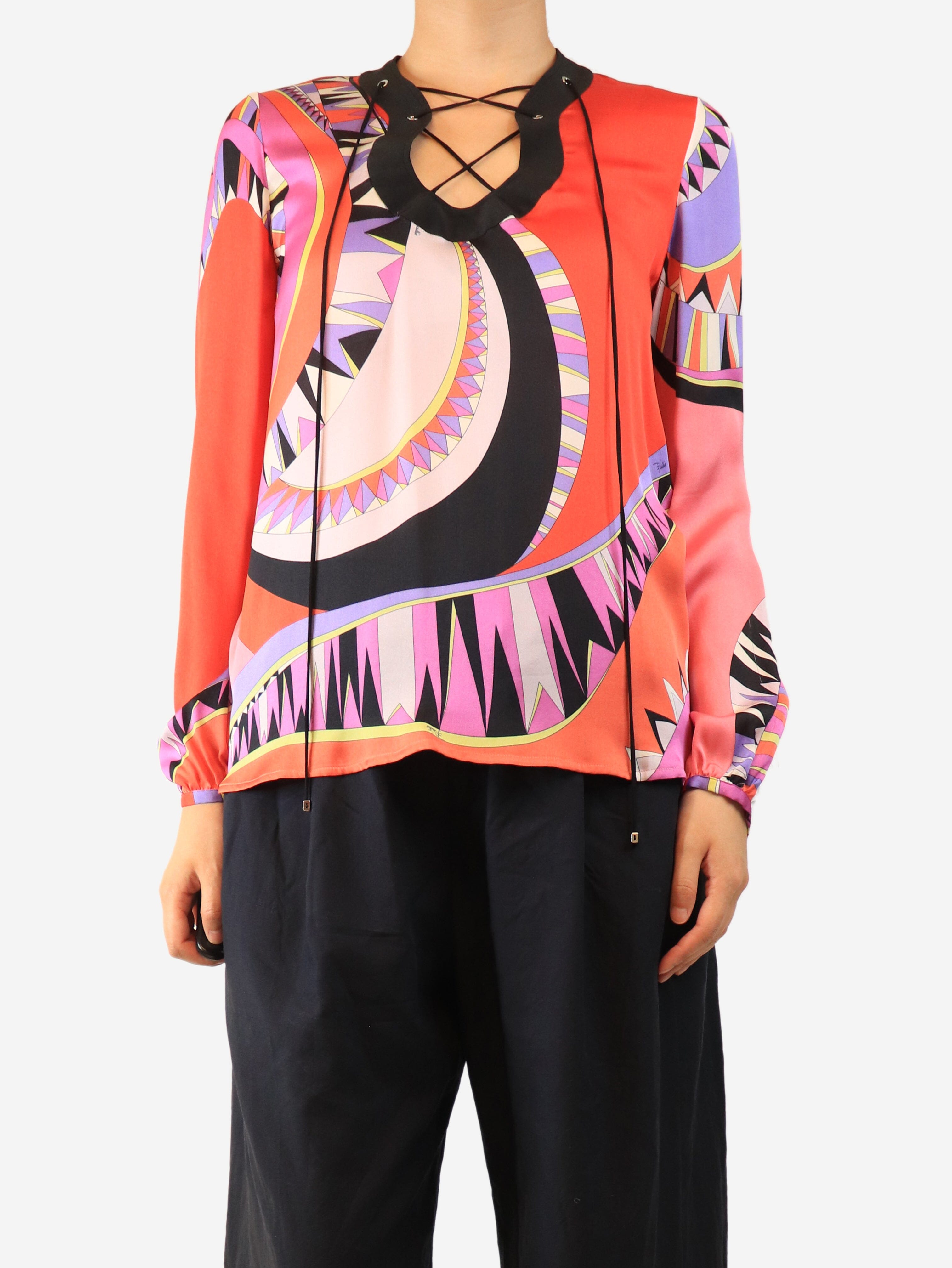 Pink silk printed blouse - size UK 8