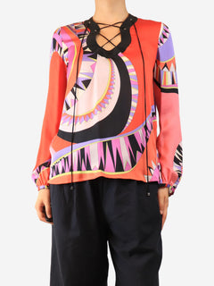 Pink silk printed blouse - size UK 8