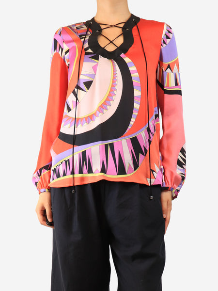 Pink silk printed blouse - size UK 8 product image