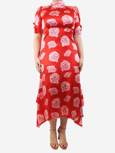 Red floral tie-neck midi dress - size UK 14 Dresses Peter Pilotto 