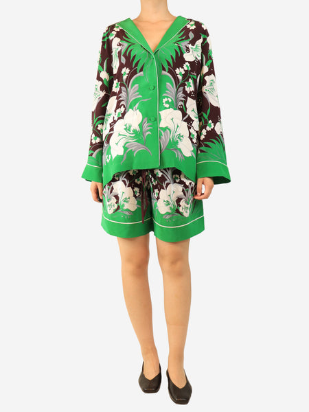 Brown and green silk floral shirt and shorts set - size UK 10 product image