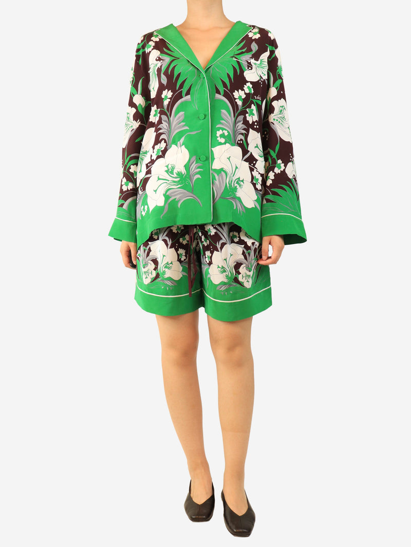 Brown and green silk floral shirt and shorts set - size UK 10