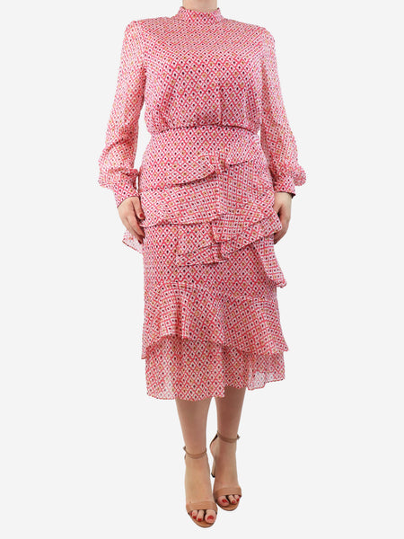 Pink floral ruffled midi dress - size UK 16 product image