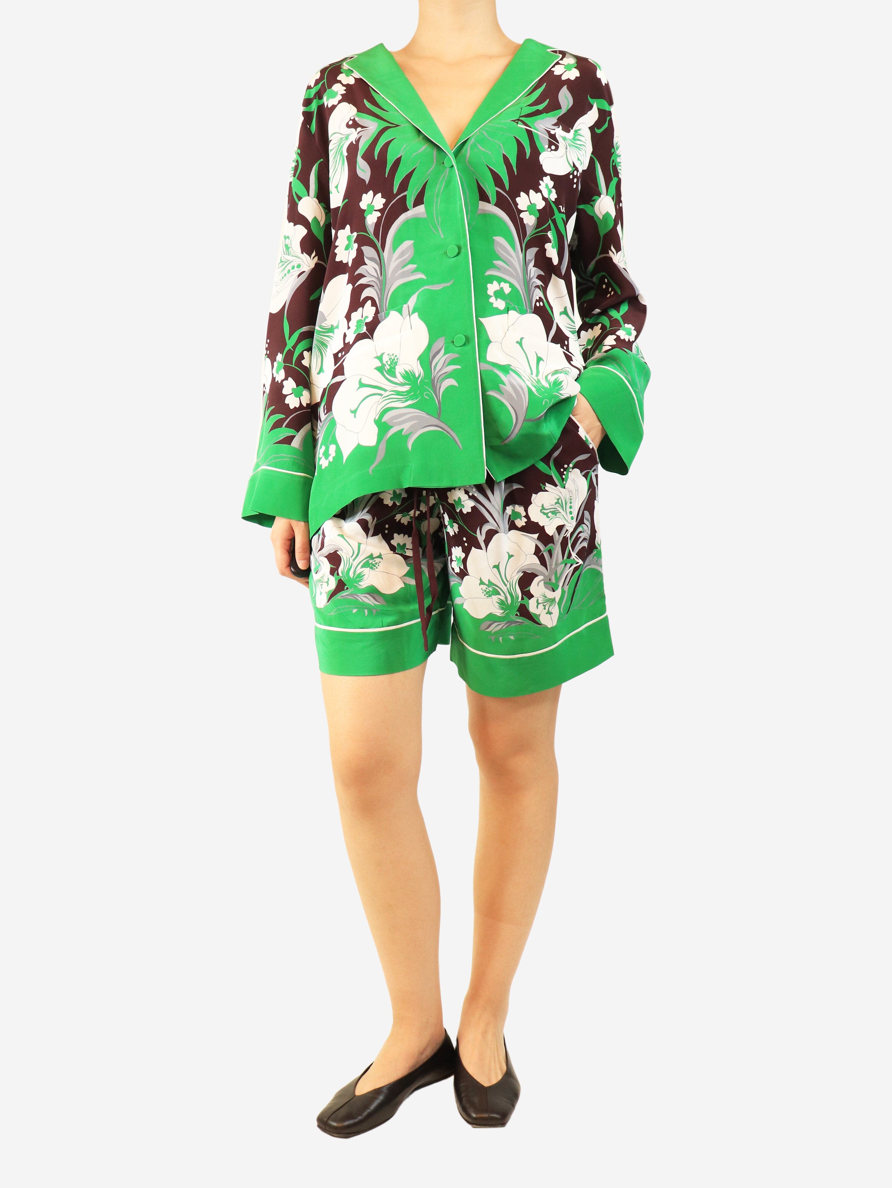 Brown and green silk floral shirt and shorts set - size UK 10