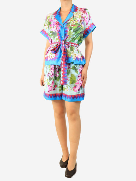 Blue silk floral shirt and shorts set - size UK 10 product image