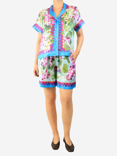 Blue silk floral shirt and shorts set - size UK 10
