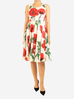 White and red floral printed midi dress - size UK 8